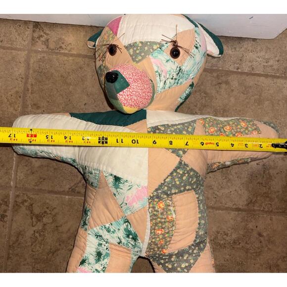 Handmade Hand Sewn Multi-Colored Quilted Patchwork Stuffed 24” Teddy Bear Vtg - Picture 4 of 12